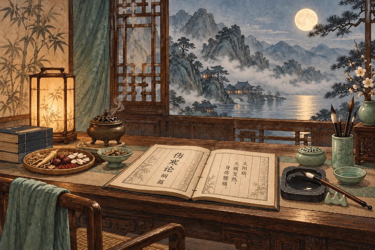 《伤寒论》书名与太阳病条文印在页面上的中式书房插图